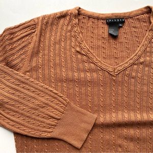 Spanner Long Sleeve Cable Knit V-Neck Pullover Sweater - Light Brown